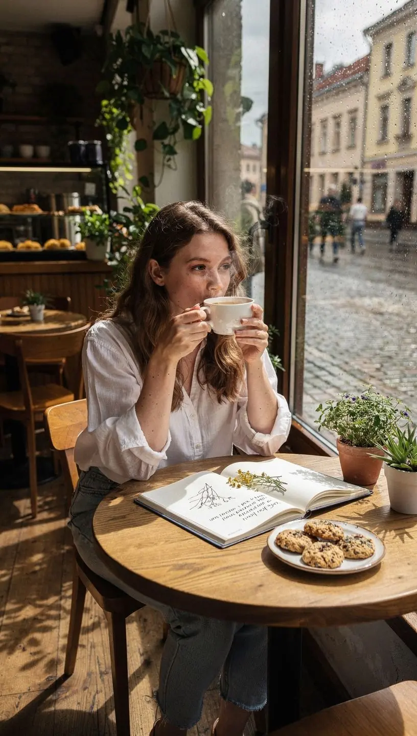 Darbo dienos pertrauka su šiltu žolelių arbatos puodeliu ir užrašų knygele ant stalo