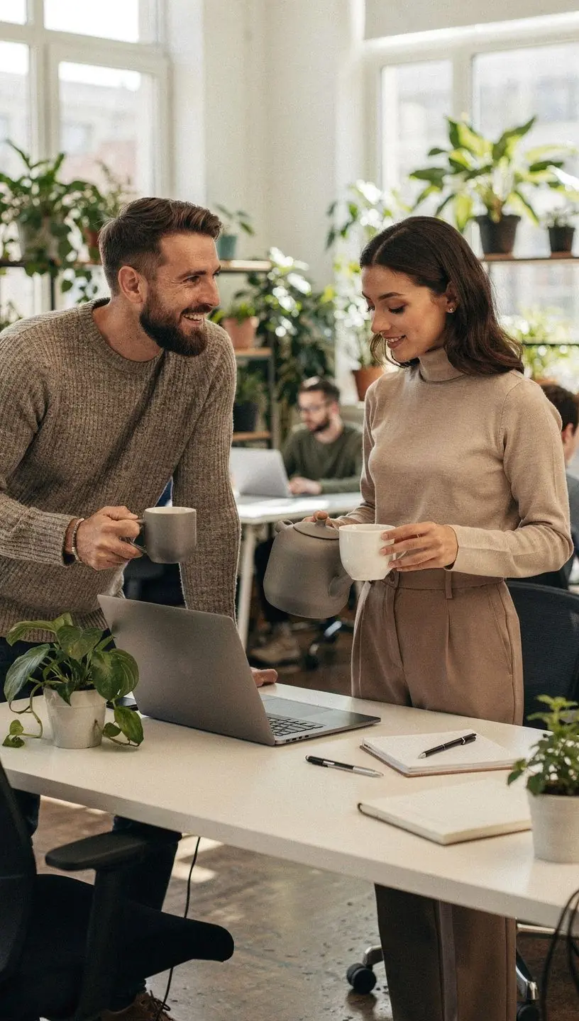 Žaliosios arbatos puodelis ant darbo stalo su natūralios šviesos apšvietimu